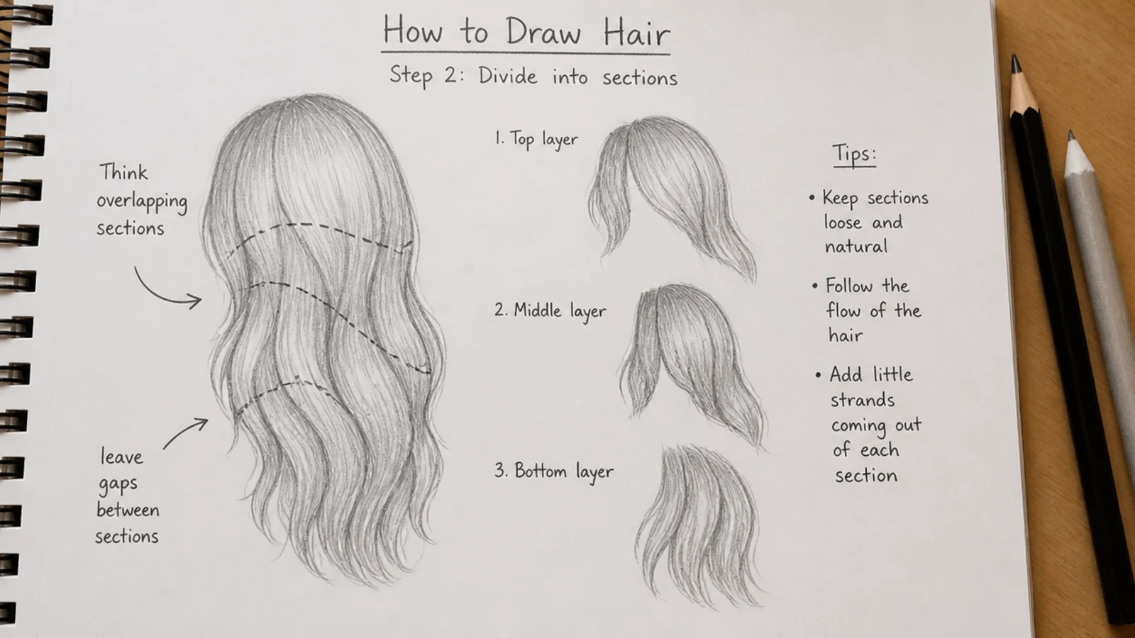 A pencil drawing with the hair mass divided into overlapping strand groups