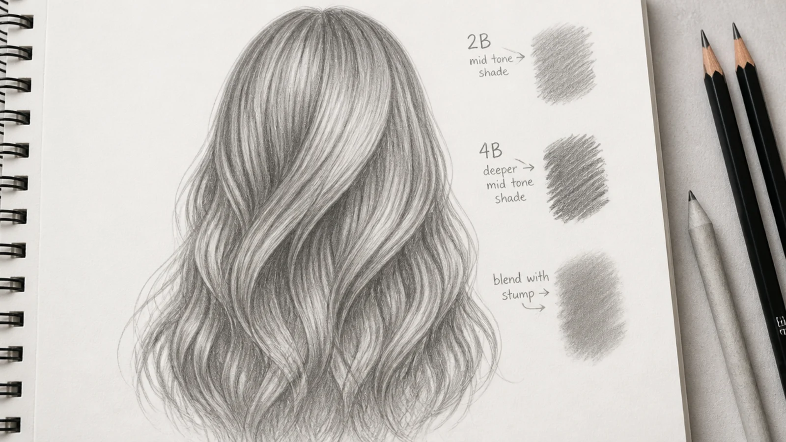An evenly shaded mid grey tone laid across a pencil hair drawing