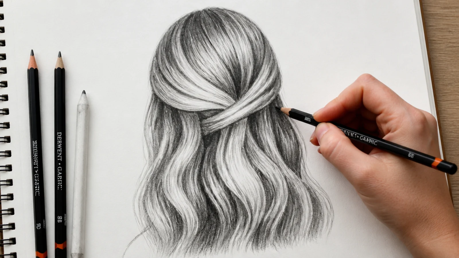 Deep black pencil shadows worked into the gaps between hair sections