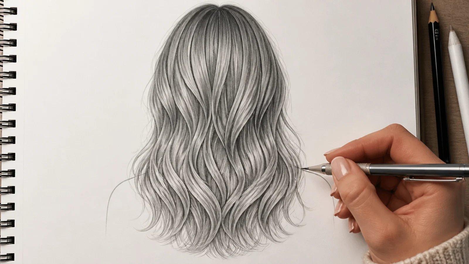 Fine light strands and stray flicks added over a shaded hair drawing