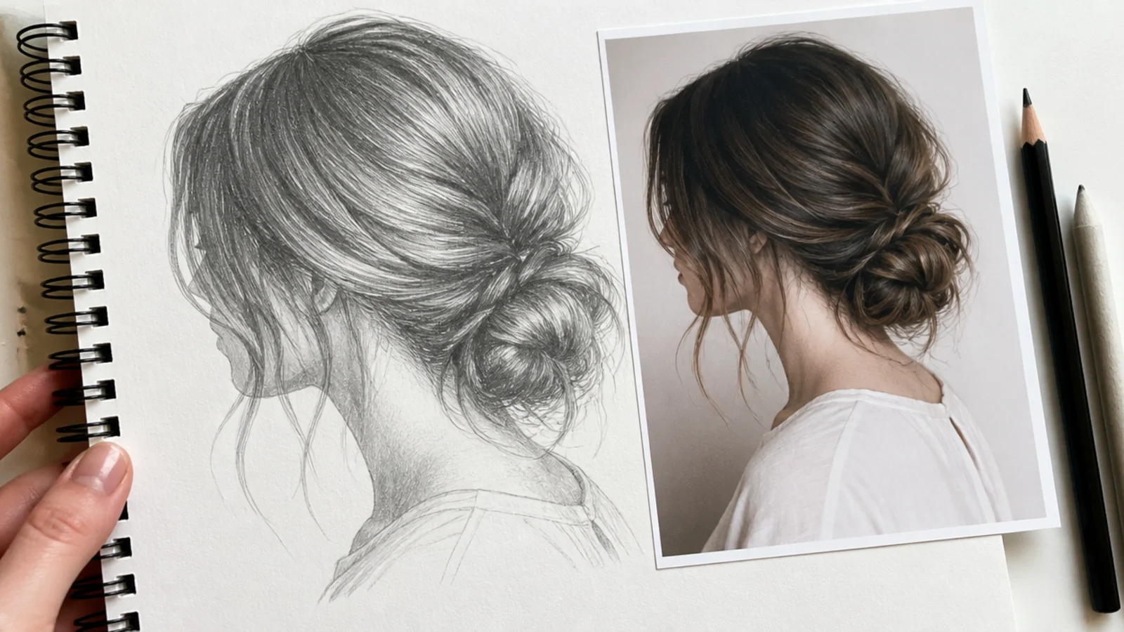 A finished pencil hair drawing held up beside its mirrored reflection for checking