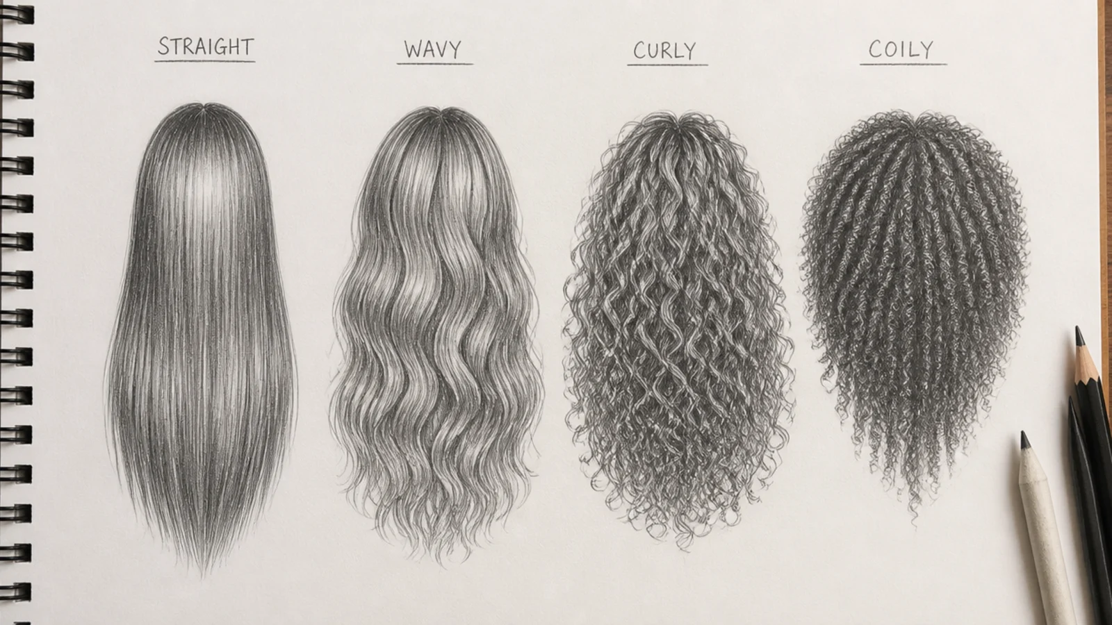 Four pencil studies side by side showing straight, wavy, curly and coily hair