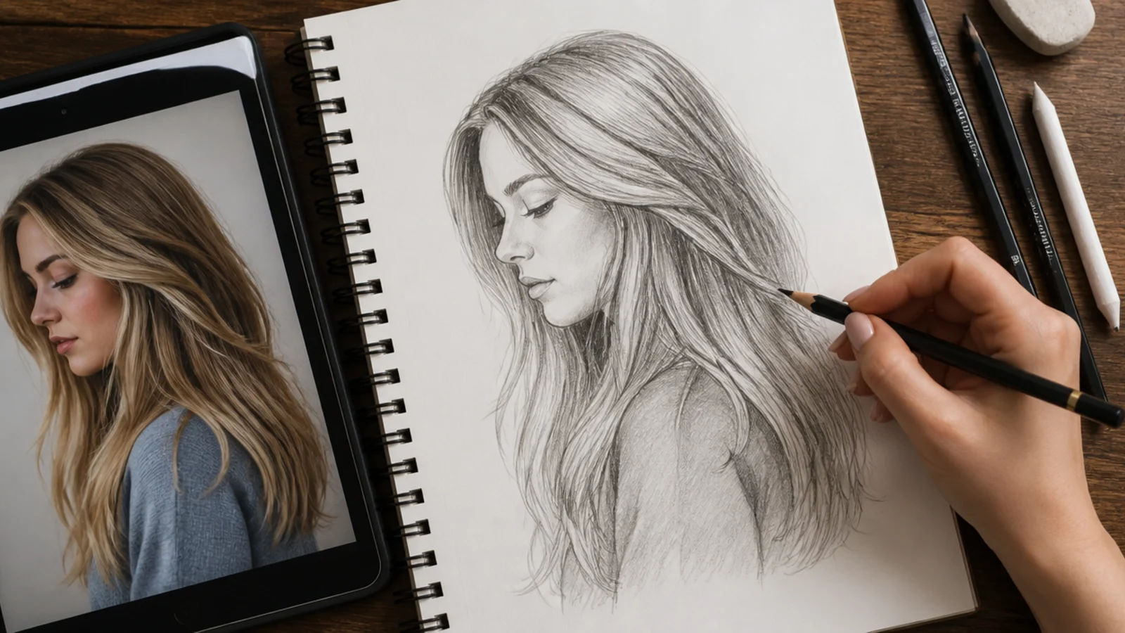 An open sketchbook drawing beside a printed photograph used as reference