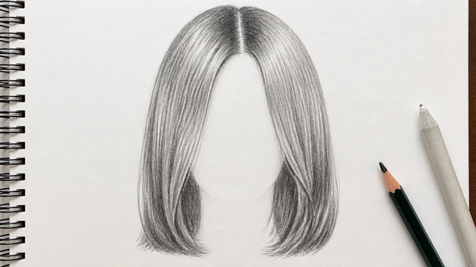 A sketch of straight hair falling to the shoulders