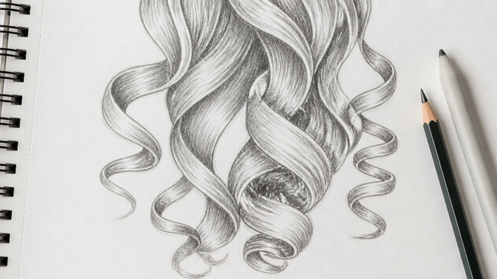 A sketch of loose curls drawn as twisting ribbons