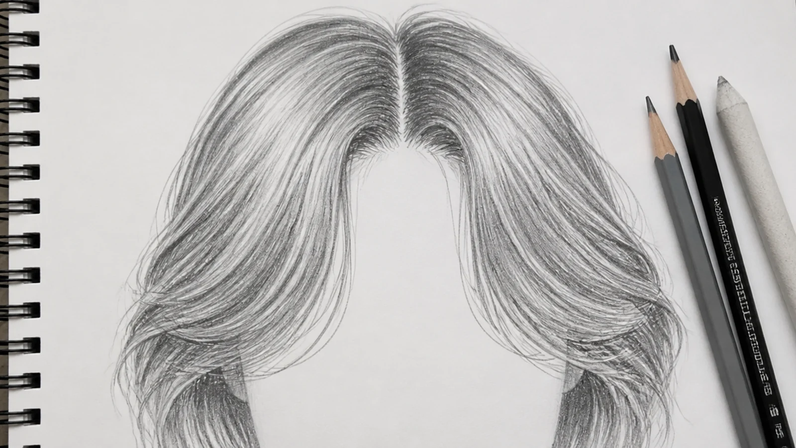 A sketch of curtain bangs sweeping away from a centre part