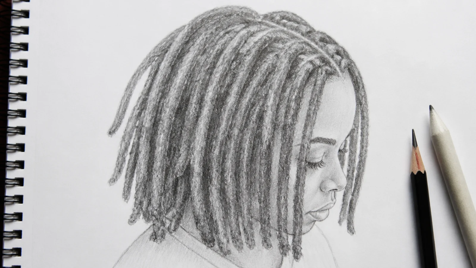 A sketch of shoulder length locs falling around the face