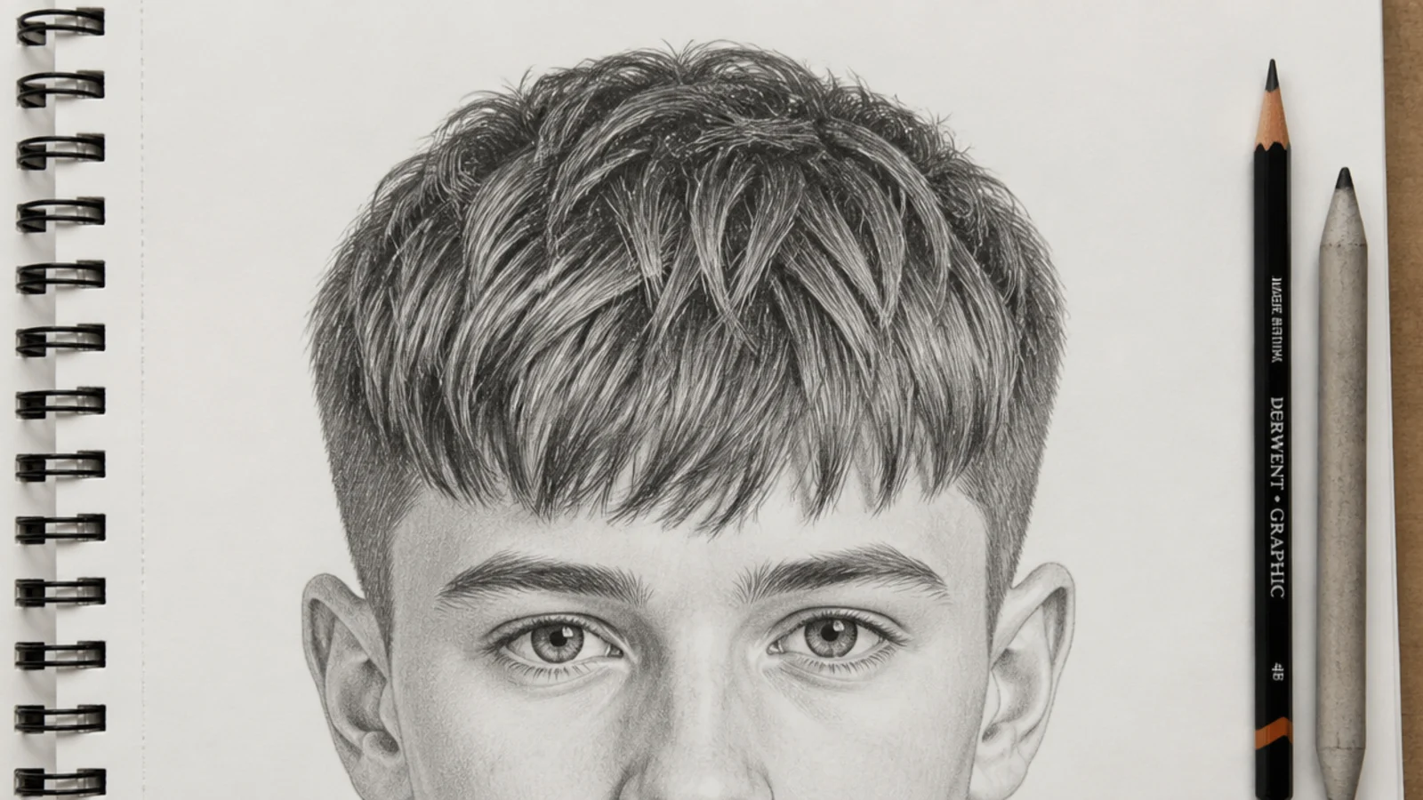 A sketch of a boy with a short textured crop and forward fringe