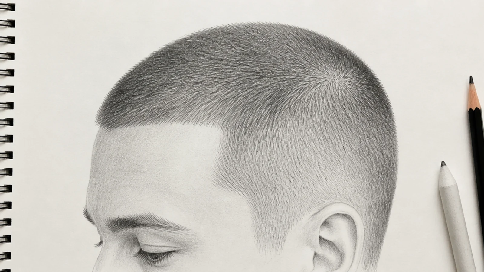A sketch of a closely buzzed head showing the skull form