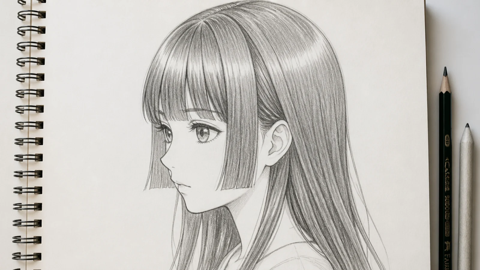 A sketch of a hime cut with a straight fringe and blunt side panels