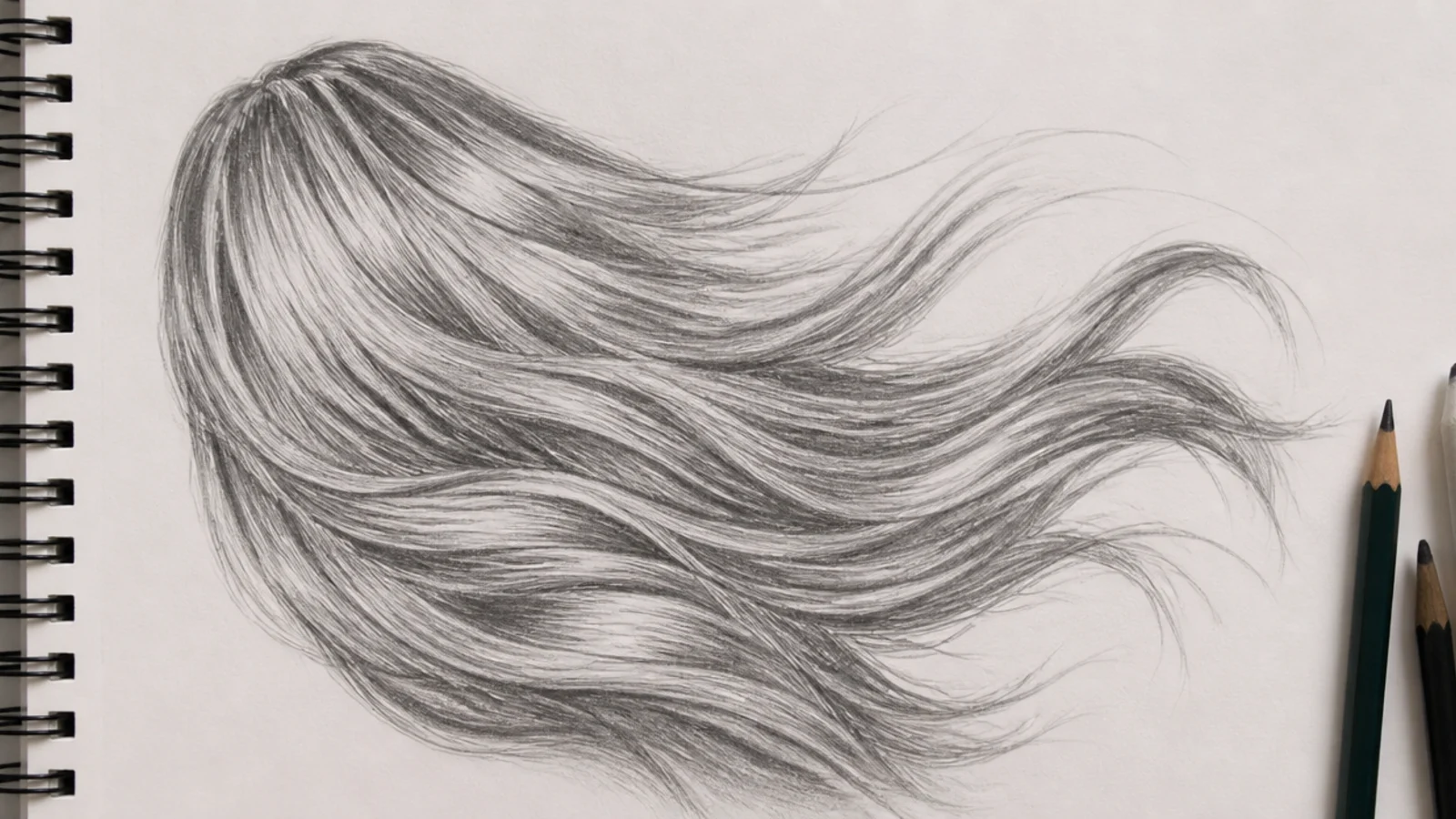 A sketch of hair lifted and separated by wind