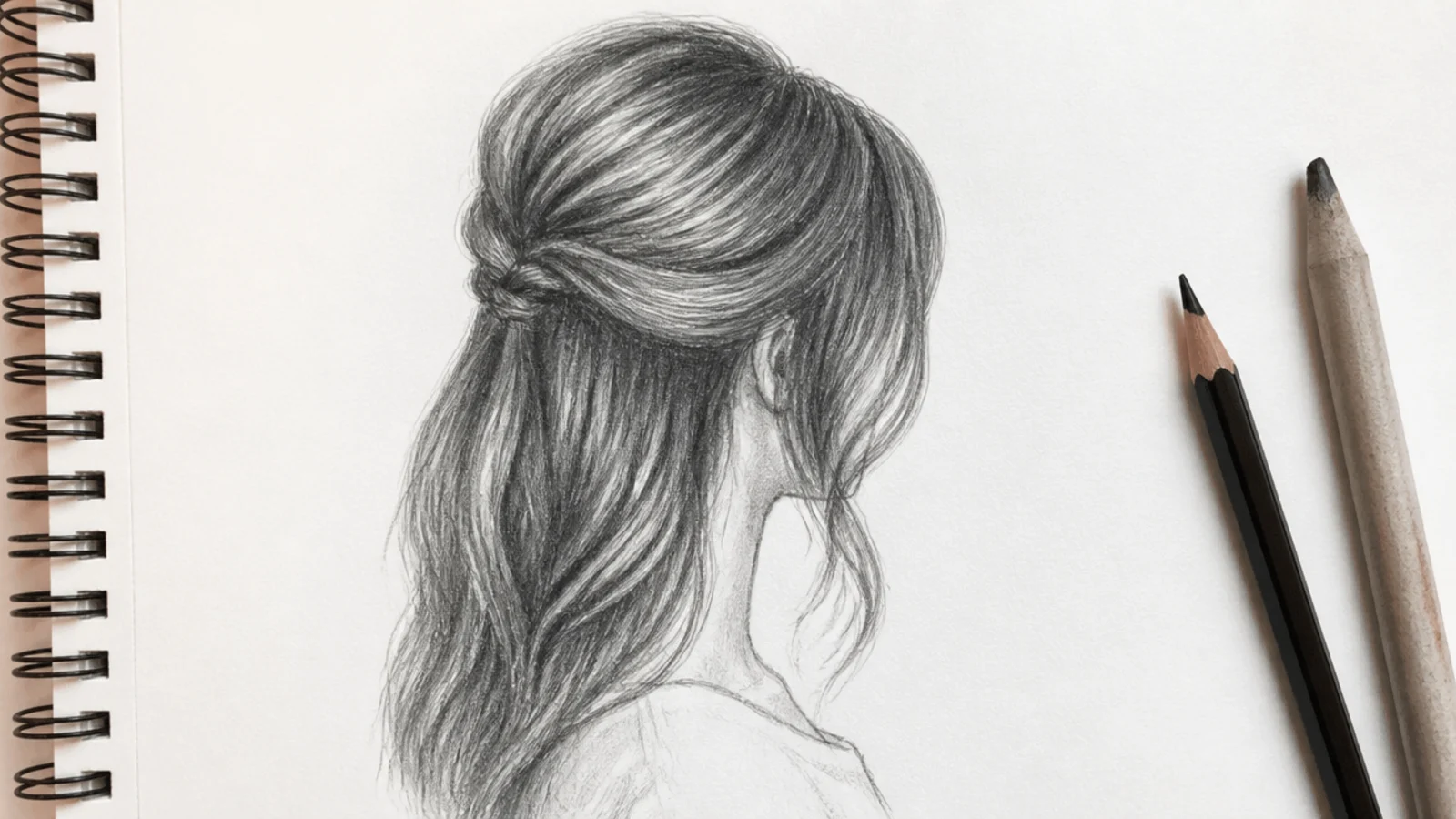 A sketch of hair pinned half up with the rest falling loose