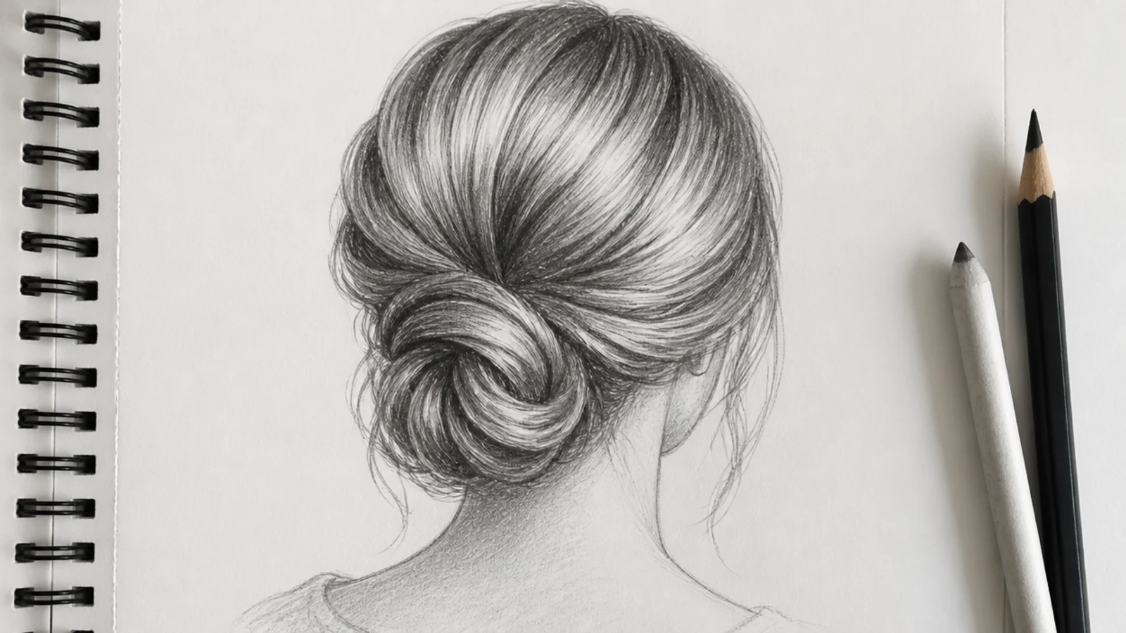 A back view sketch of a low coiled chignon