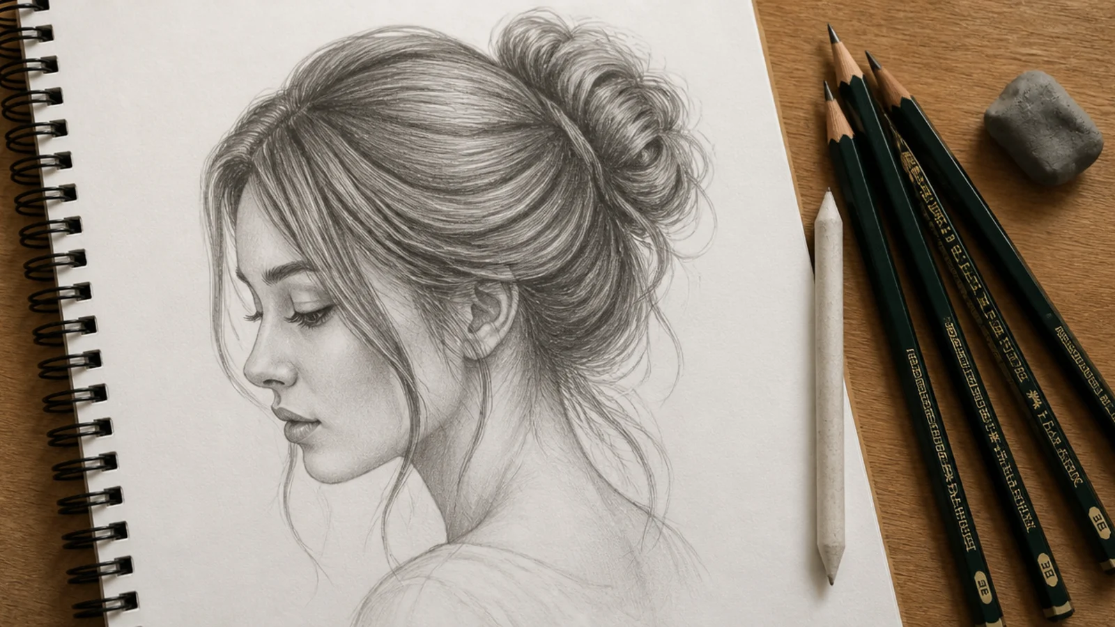 Graphite pencils, a kneaded eraser and blending stumps on toothed paper