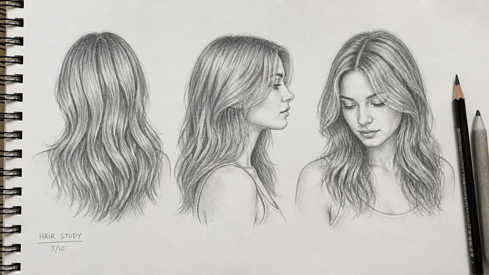 Reference photographs of hairstyles pinned beside a sketchbook
