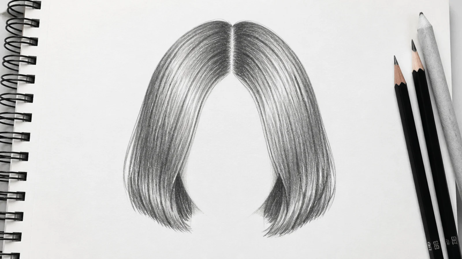A front view pencil drawing of a blunt bob with a level cut line
