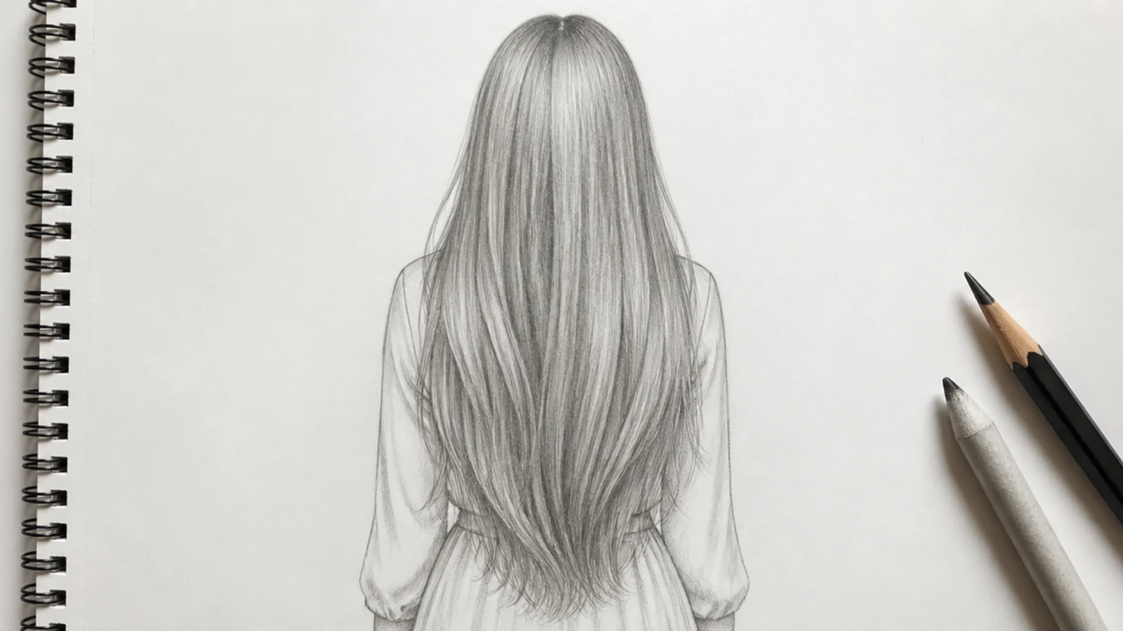 A pencil drawing of long straight hair divided by a centre parting