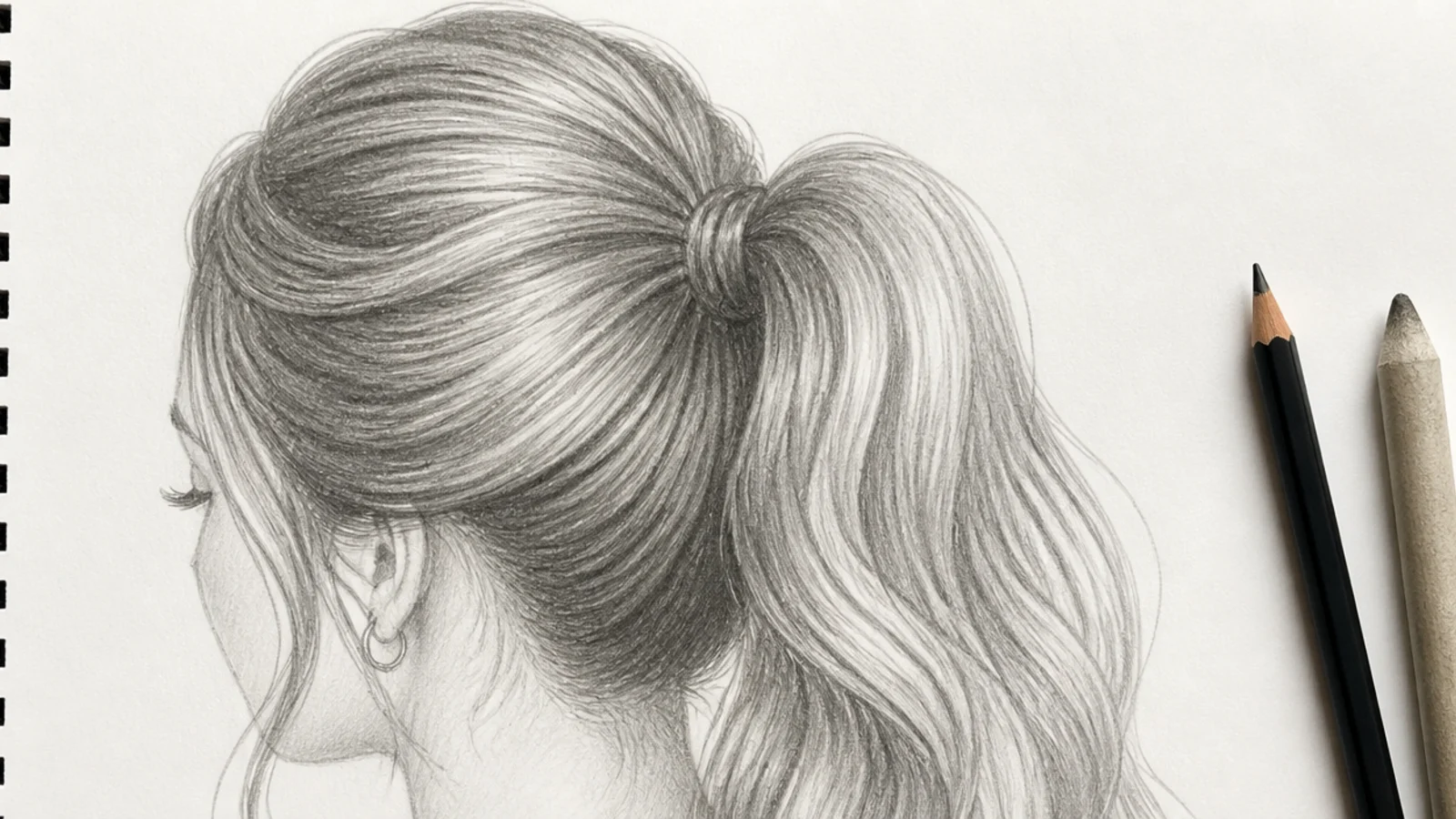 A pencil drawing of a high ponytail with a raised bump of hair at the crown