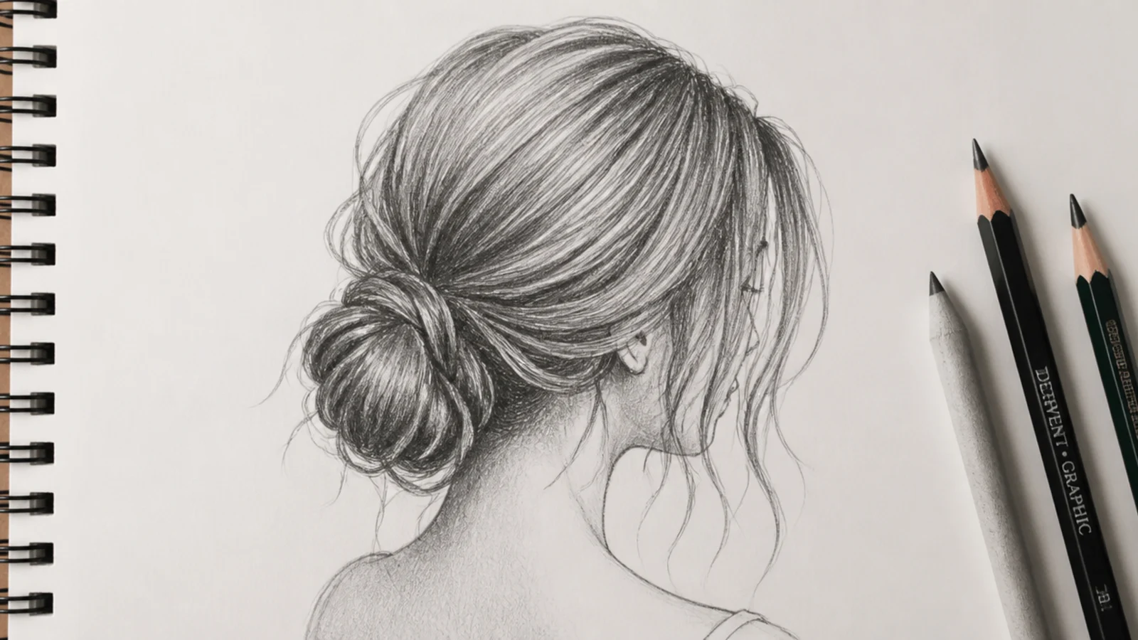 A pencil drawing of a loose low bun sitting at the nape of the neck
