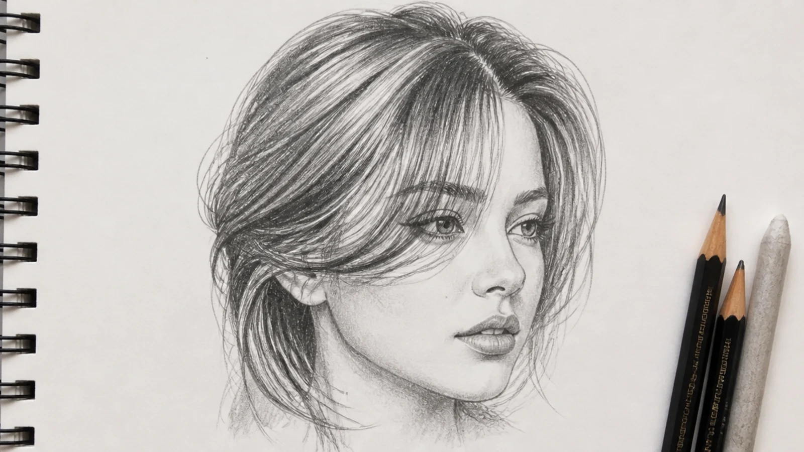 A three quarter view pencil drawing of curtain bangs framing a turned face