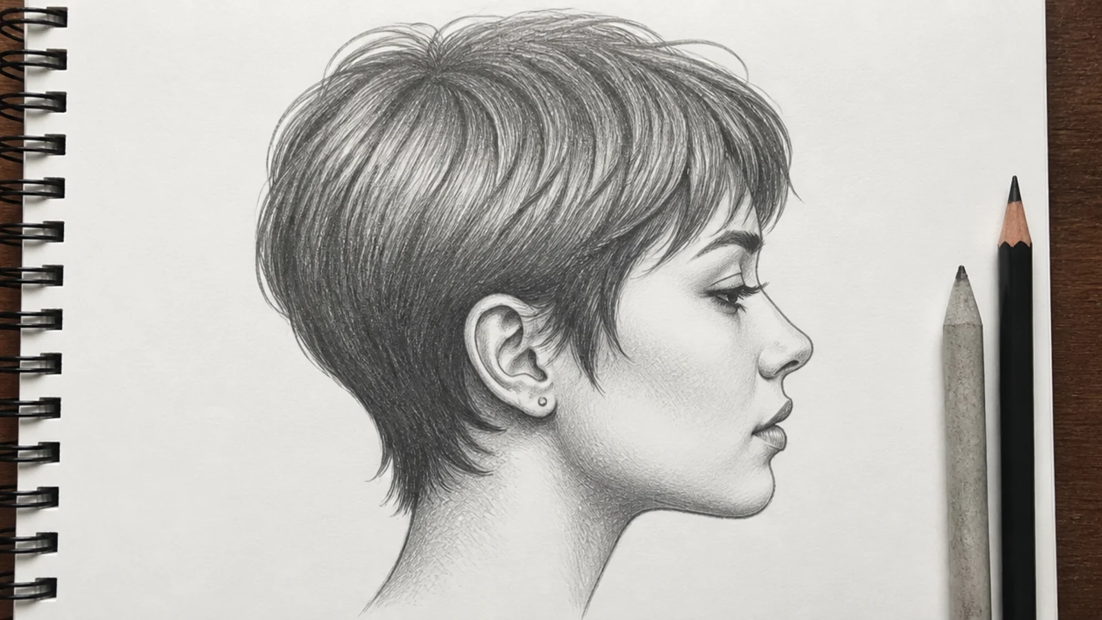A side view pencil sketch of a pixie cut following the shape of the skull