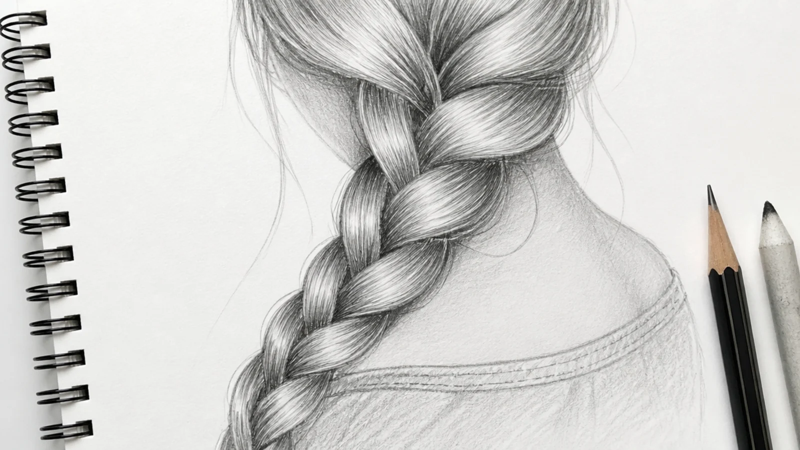 A pencil drawing of a three strand braid tapering toward the tail