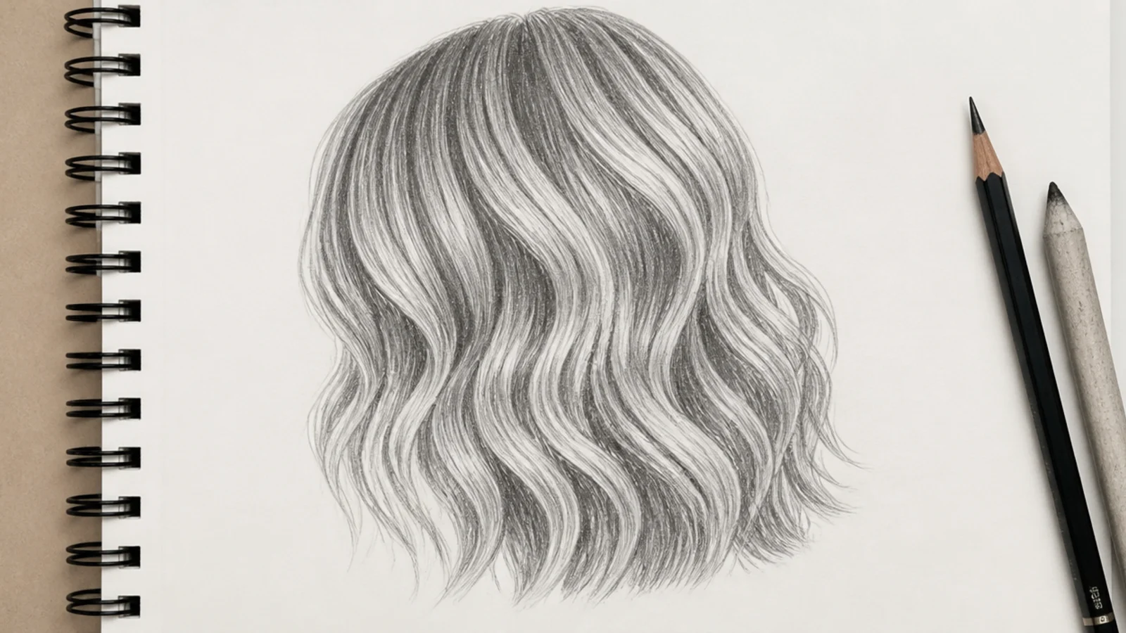 A pencil drawing of loose beach waves with uneven bends down the length