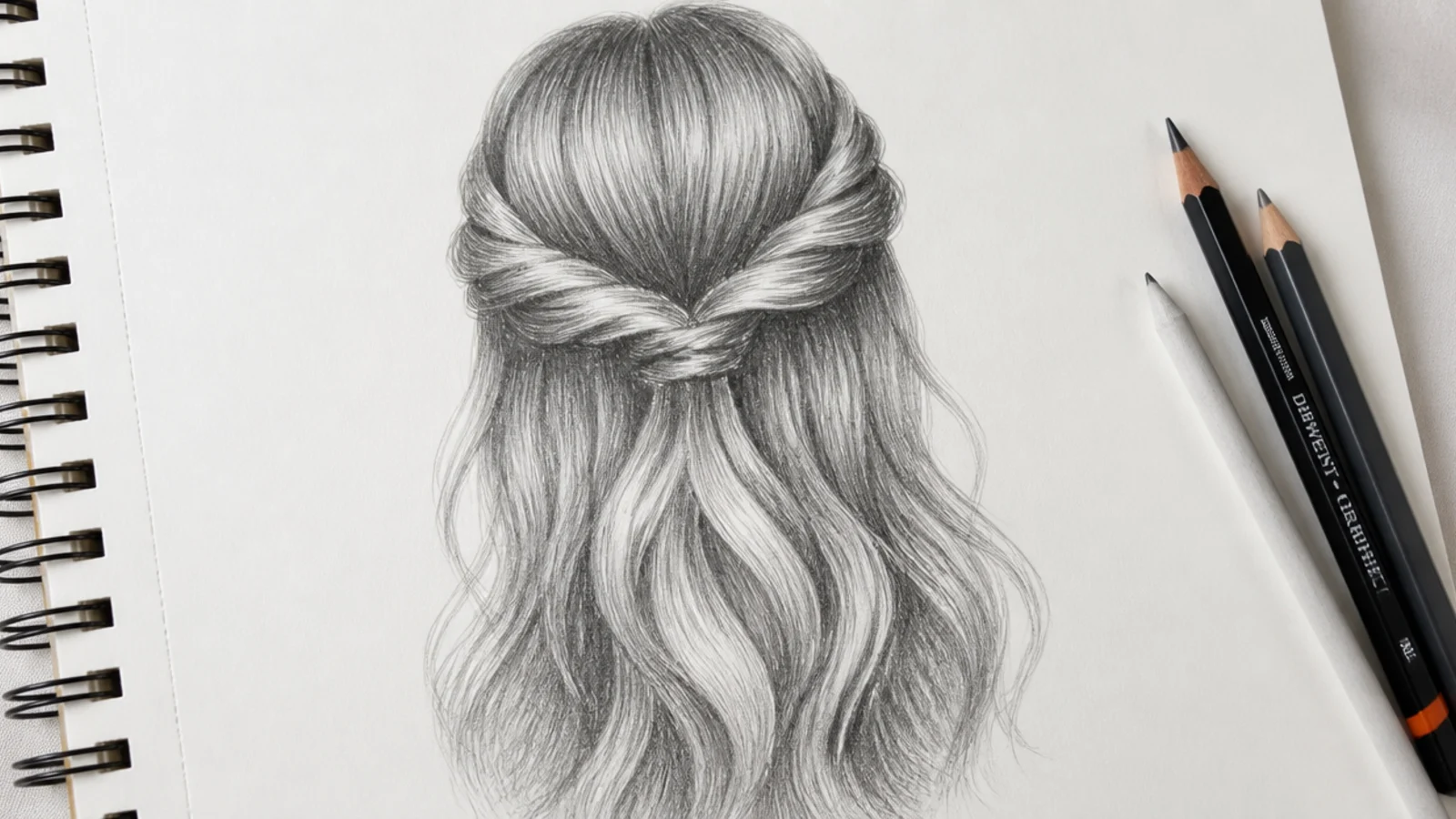A pencil drawing of hair half up with a twisted rope crossing the crown