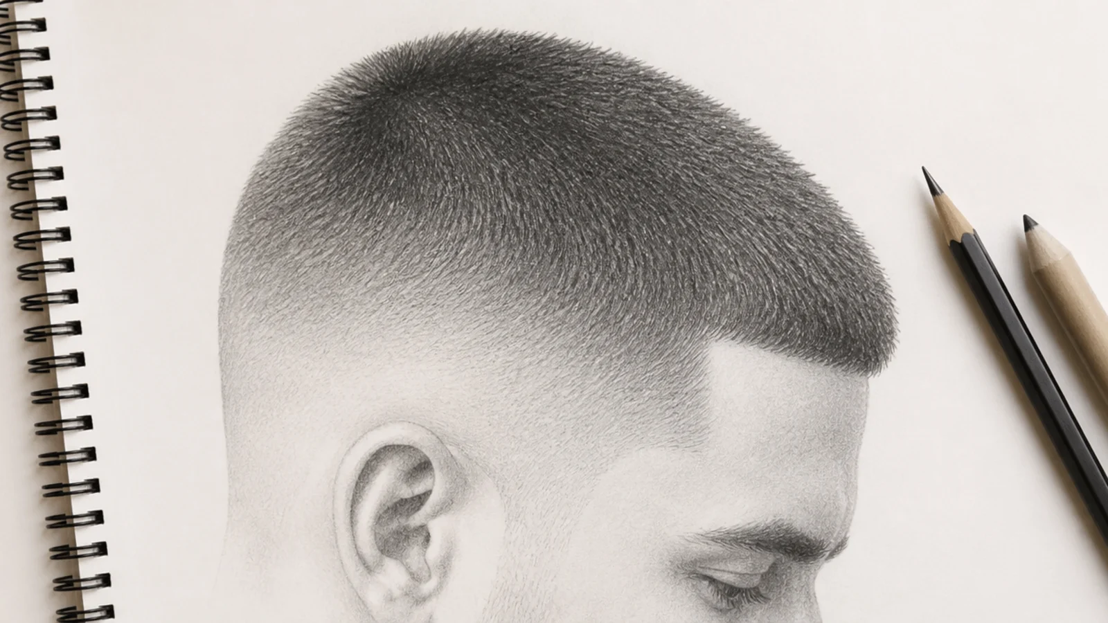 A pencil drawing of a buzz cut shaded as a smooth scalp with a fading edge