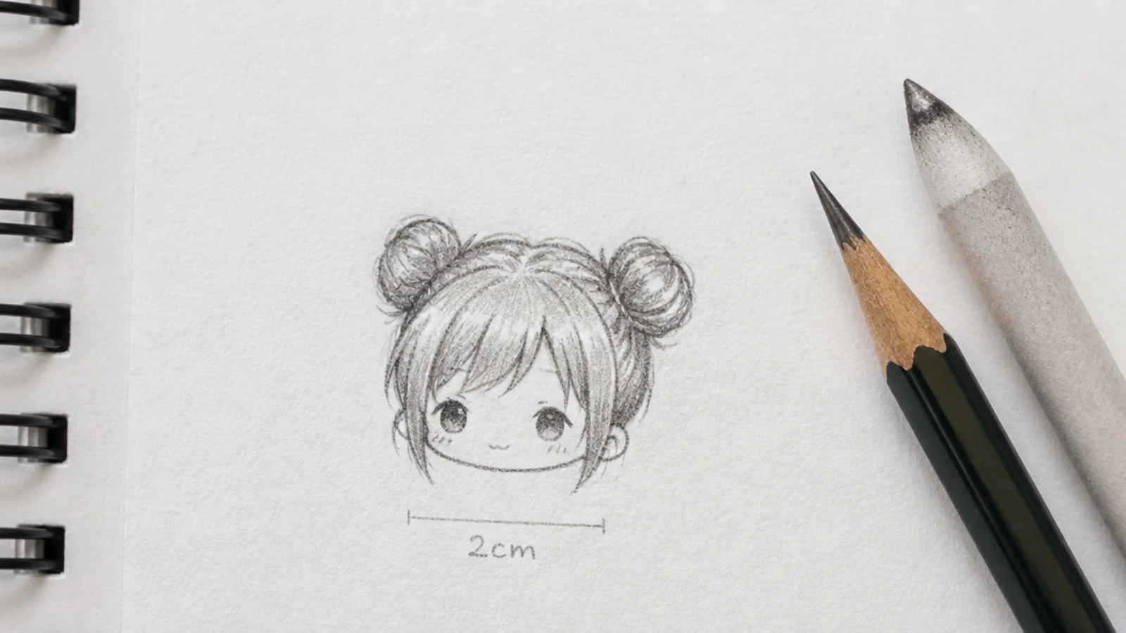 A stylised chibi pencil drawing of a large headed character with two high buns