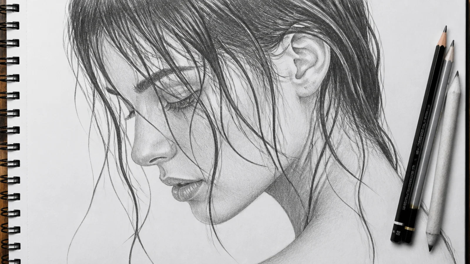 A pencil drawing of wet hair clinging flat to the head with sharp bright highlights