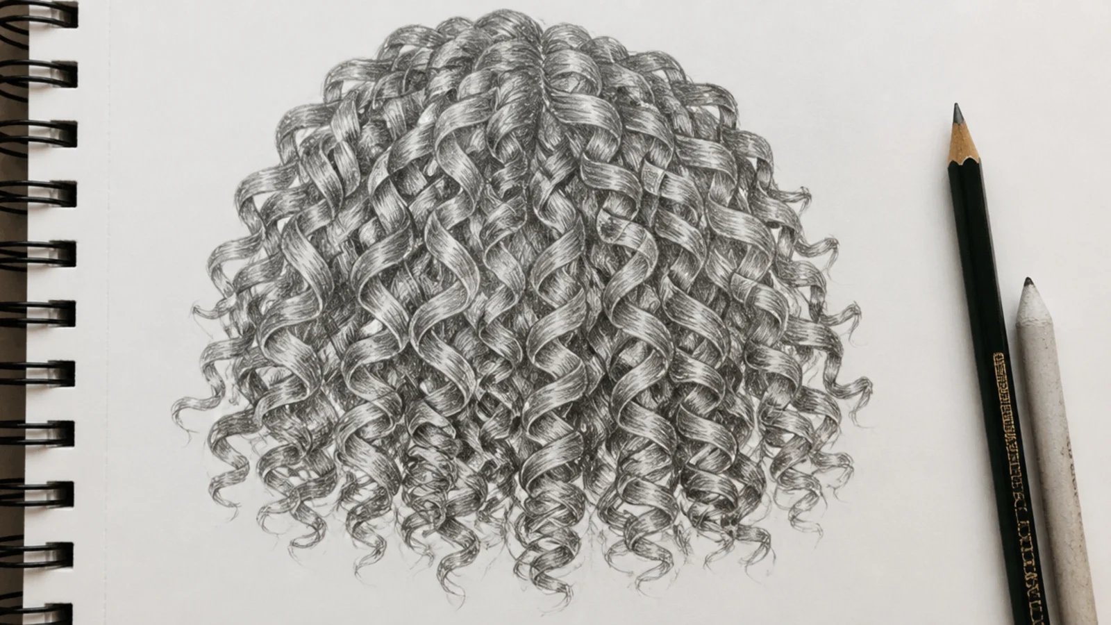 A pencil drawing of springy spiral curls clustered in overlapping groups