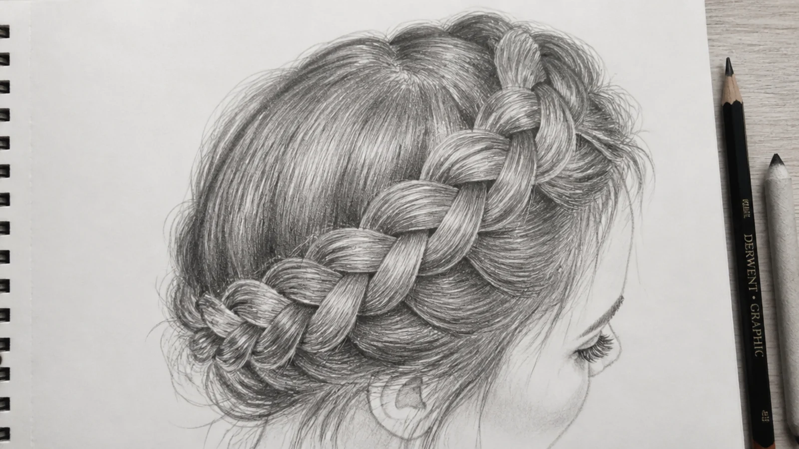 A pencil drawing of a raised Dutch braid curving around the crown of the head