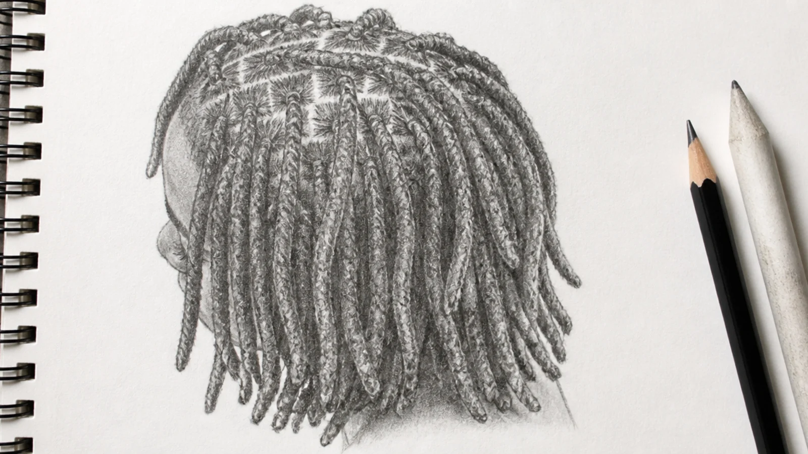 A pencil drawing of shoulder length locs with dark gaps separating each rope