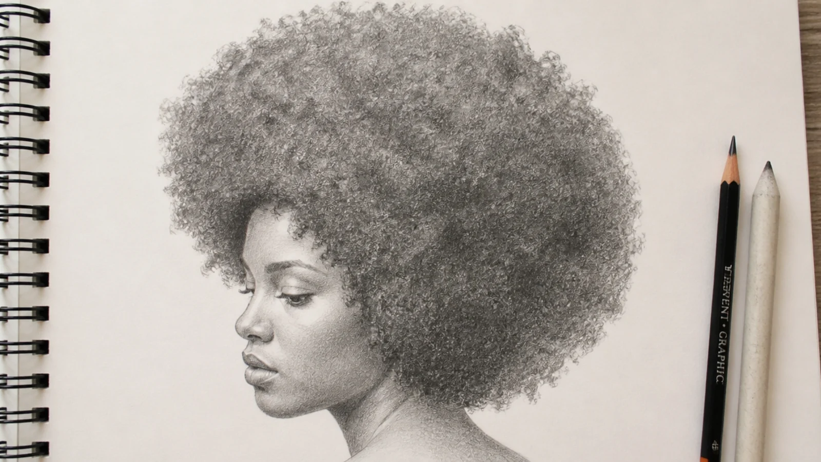 A pencil drawing of a rounded coily afro with a softly broken outline