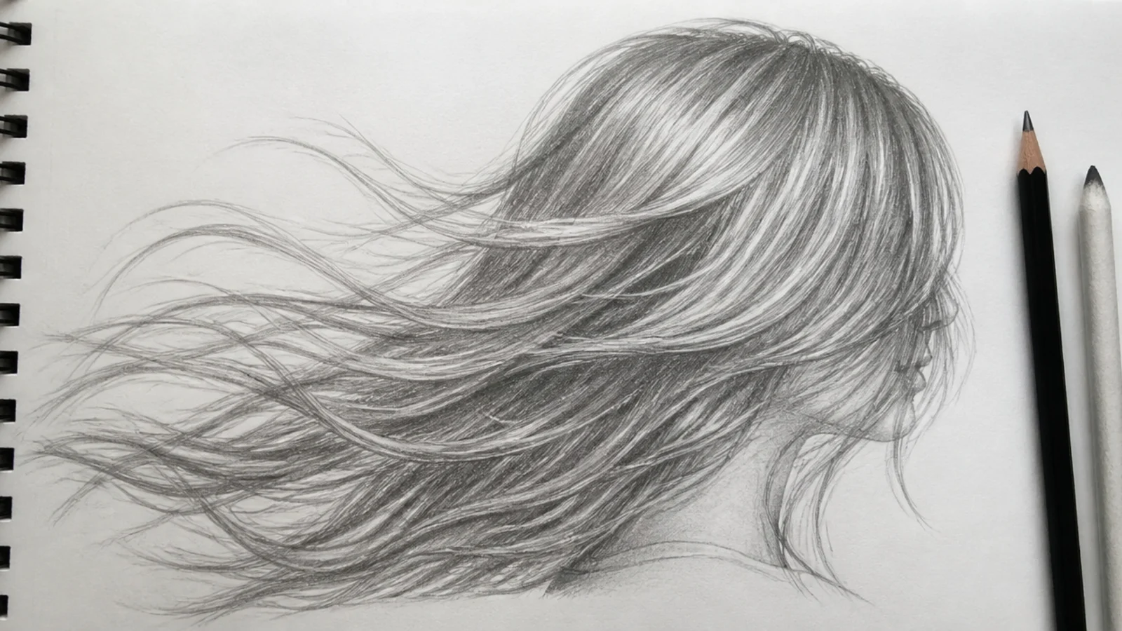 A pencil drawing of hair swinging outward as the head turns
