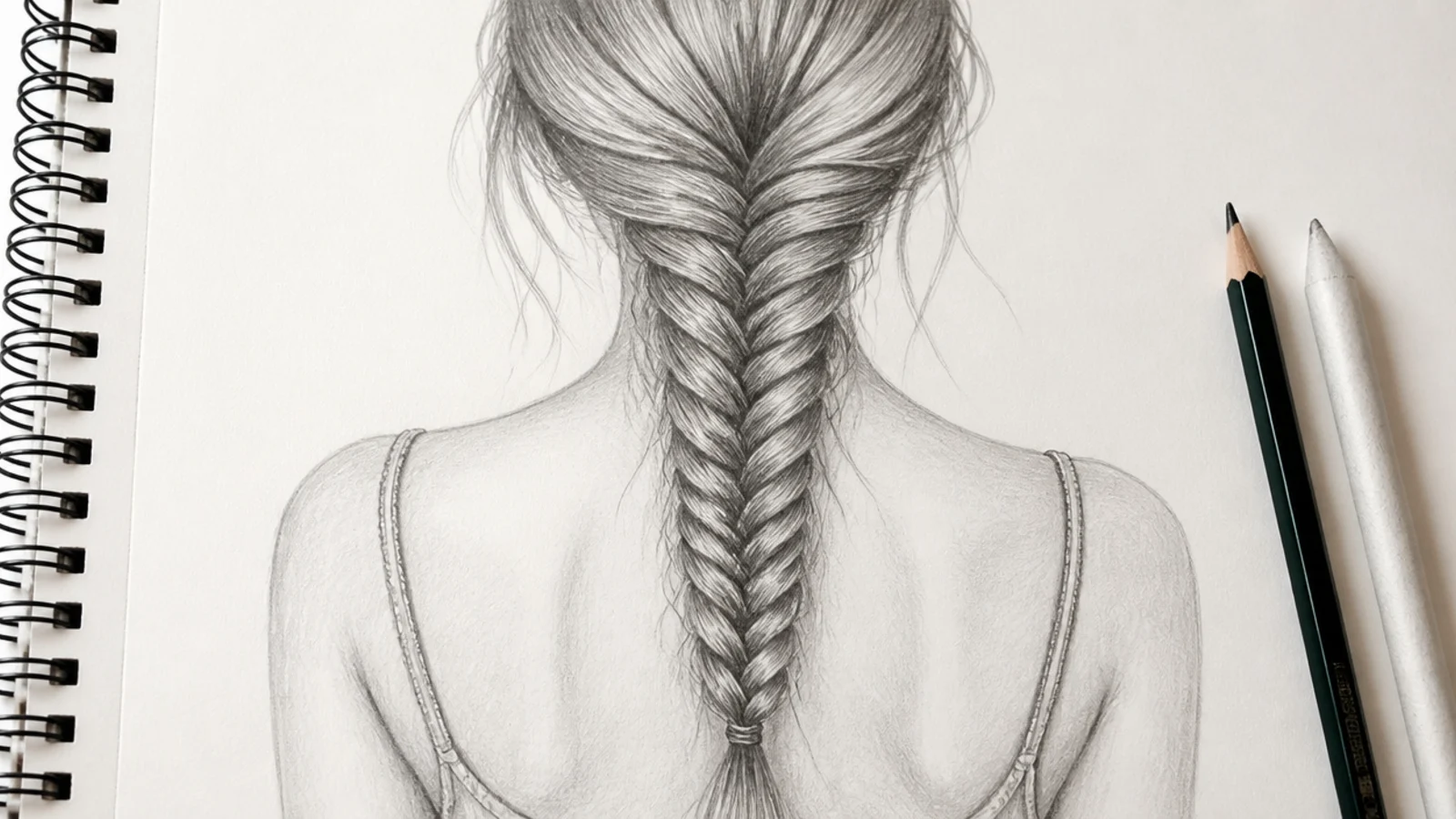 A back view pencil drawing of a fishtail braid with fine alternating sections