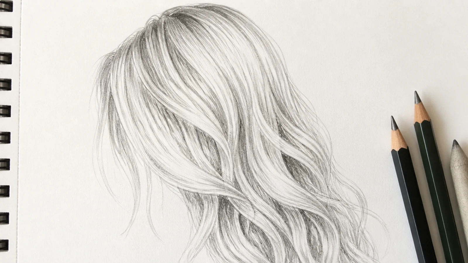 A pale pencil drawing of blonde hair lit strongly from one side
