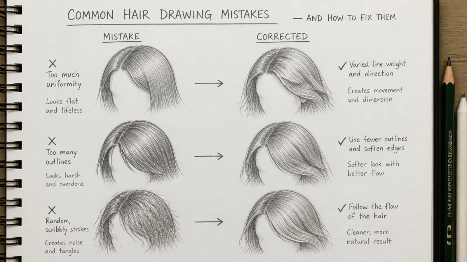 A pencil drawing showing a stiff flat hairstyle sketch next to a corrected one