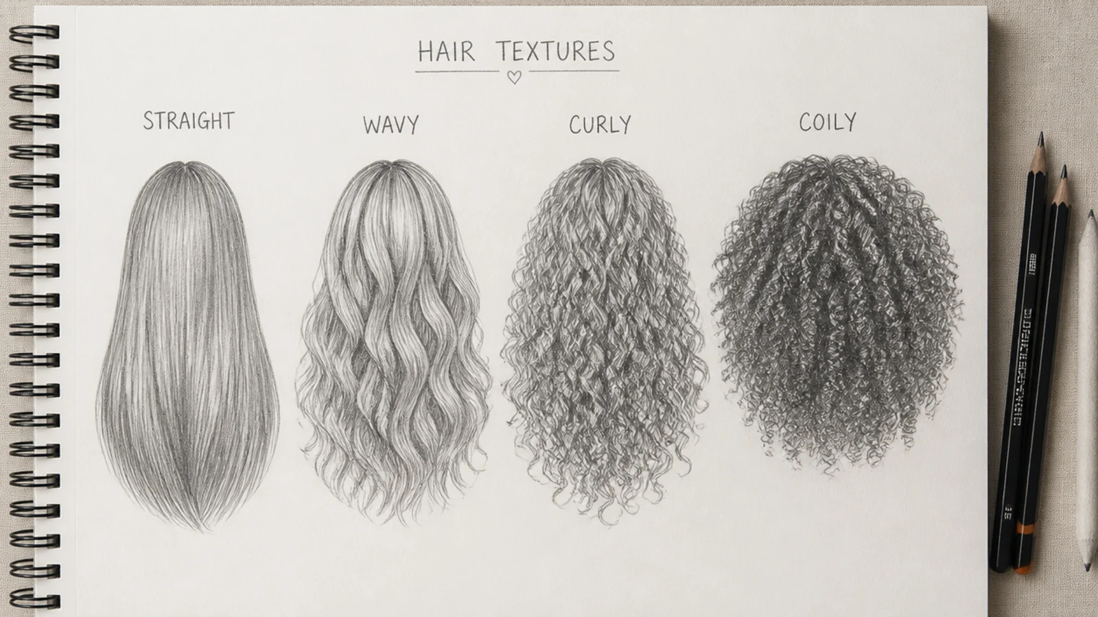 Four pencil texture studies comparing straight, wavy, curly and coily hair