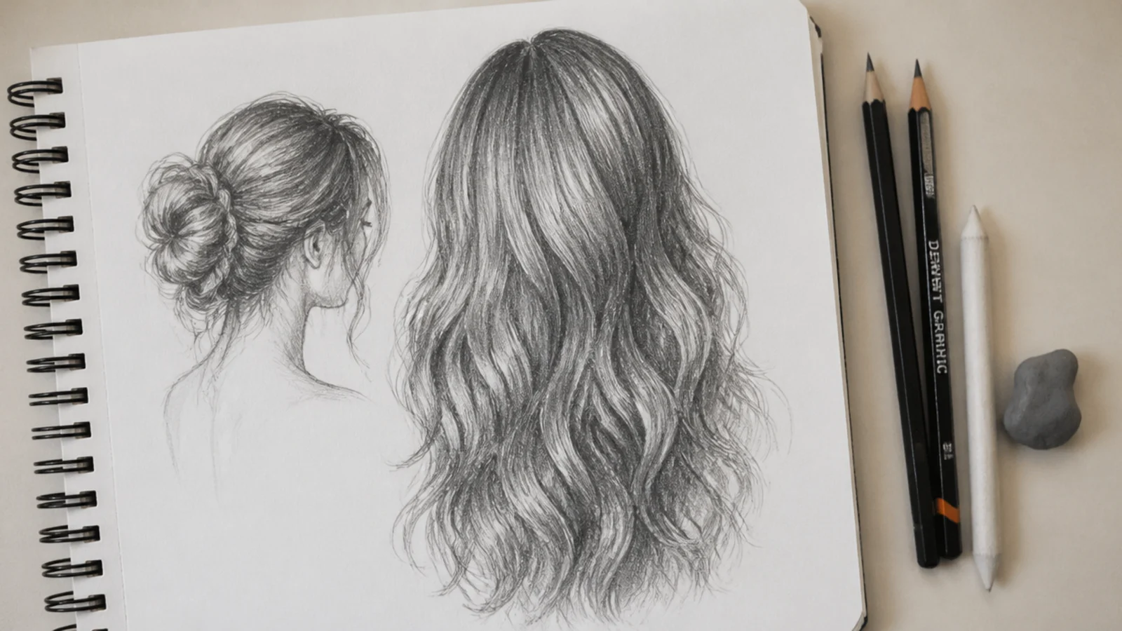 Sharpened graphite pencils and a kneaded eraser arranged next to an open sketchbook