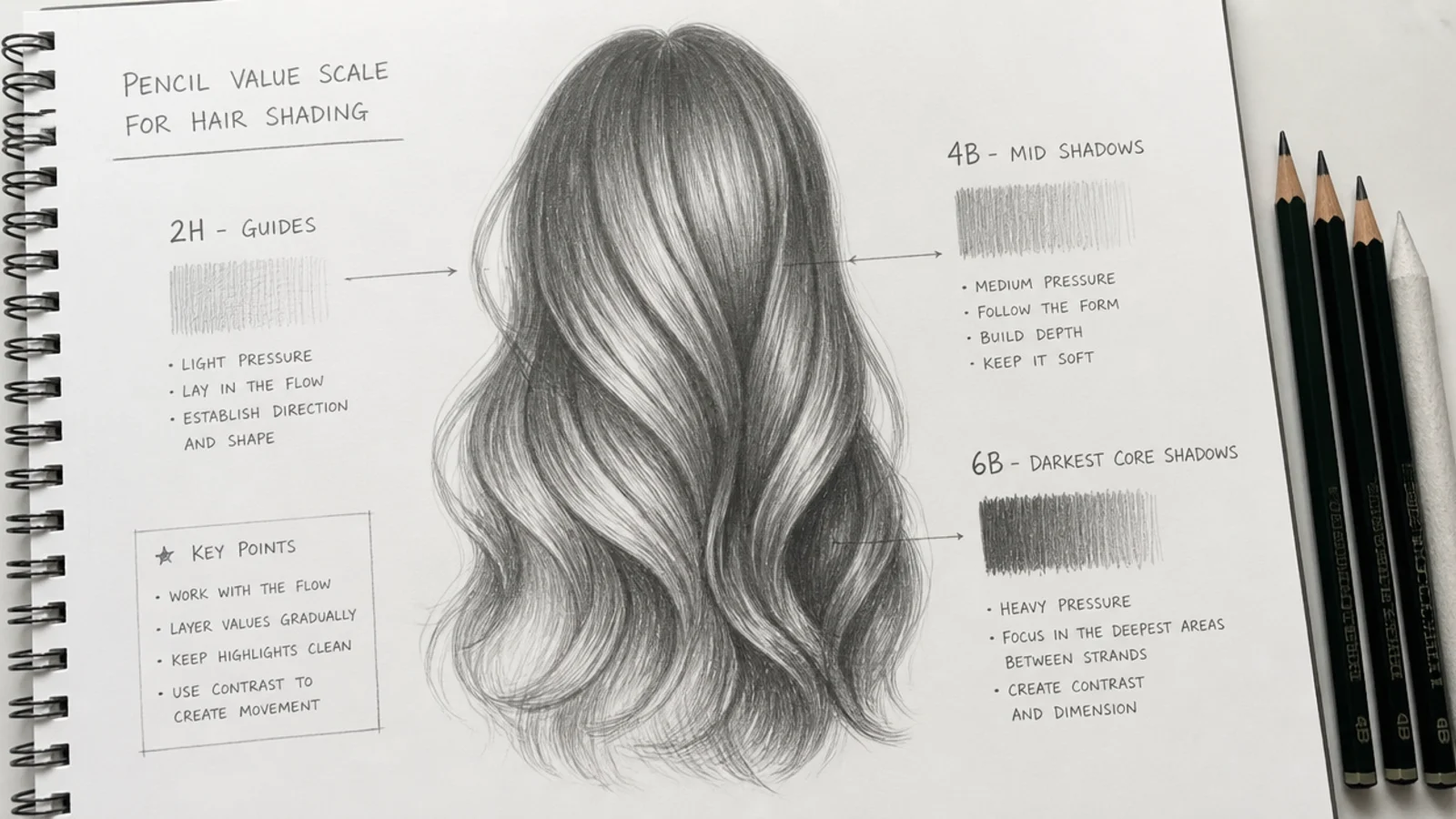 A pencil diagram of hair marked into light, mid and dark shading zones
