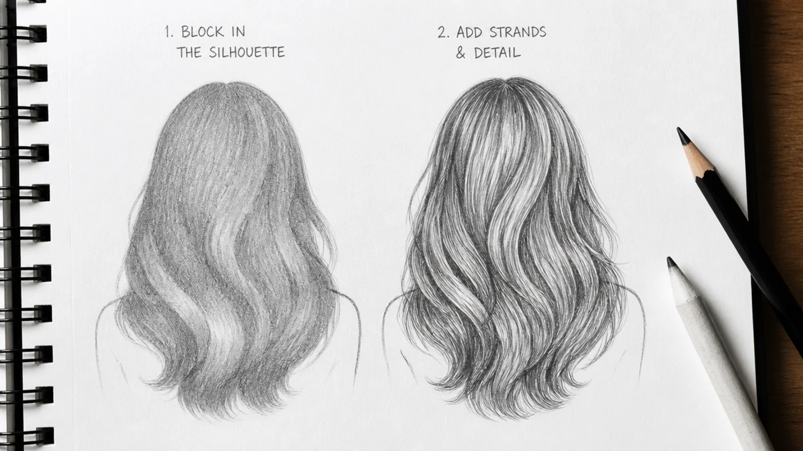 A pencil sketch of a hair outline filled as a flat shape beside a detailed version