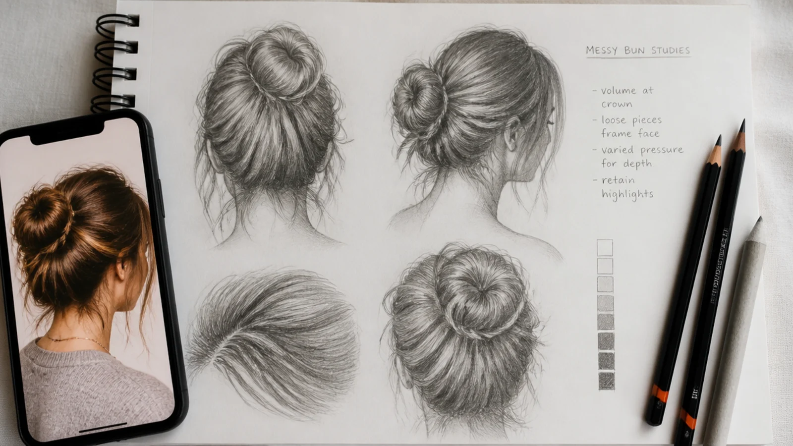 A sketchbook drawing propped beside printed reference photographs of hairstyles