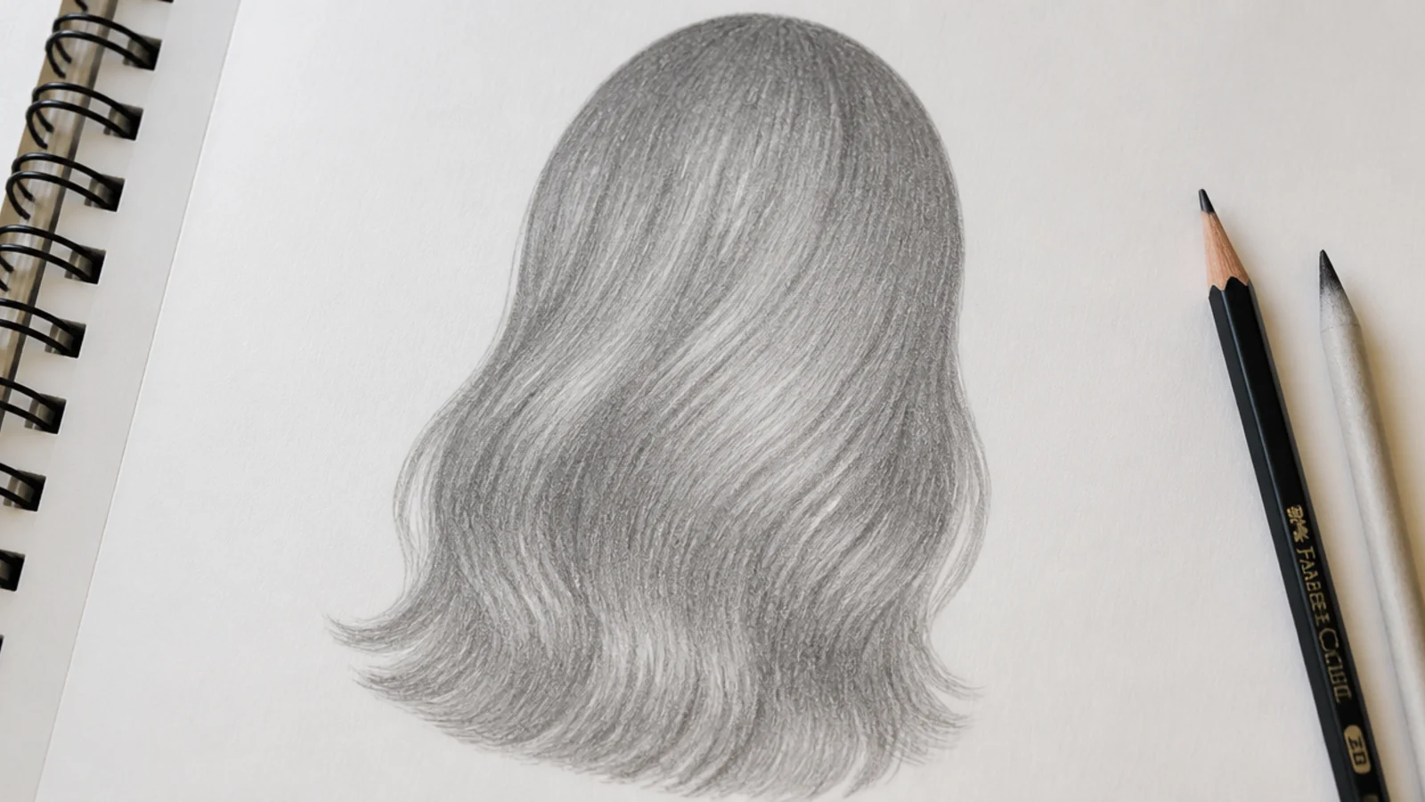A pencil drawing of a hair silhouette blocked in as a single flat outline