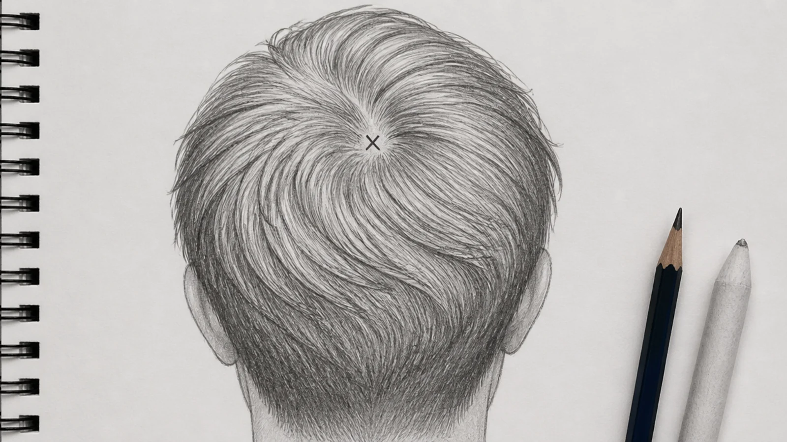 A pencil diagram of a head with lines radiating outward from a marked crown whorl