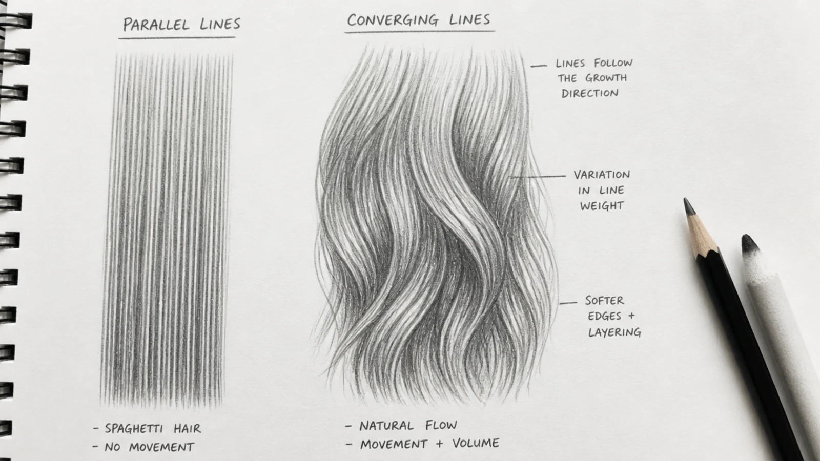 Pencil flow lines drawn at uneven spacing, some converging and some spreading apart