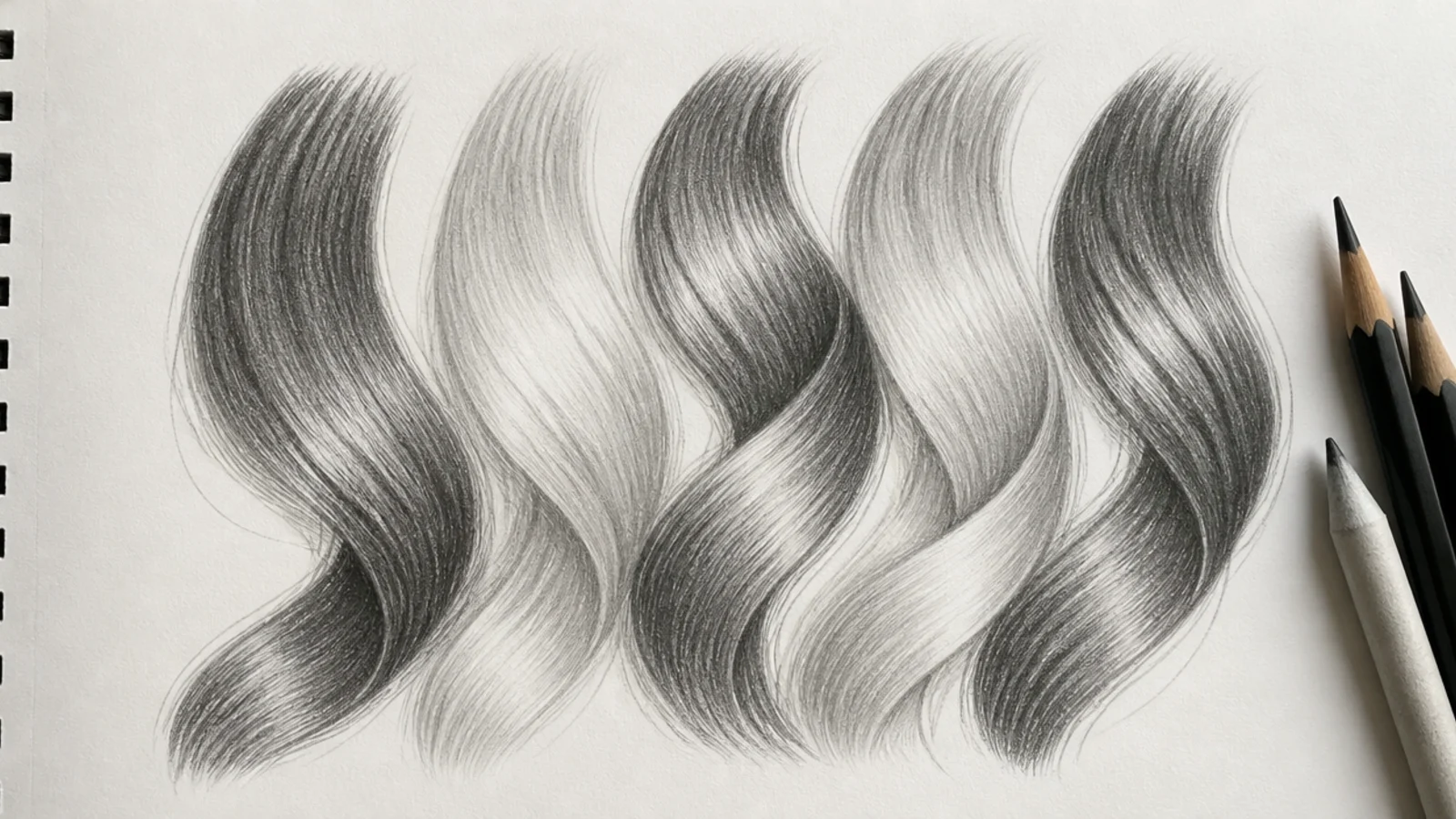 A pencil study of hair divided into overlapping ribbon shaped strand groups