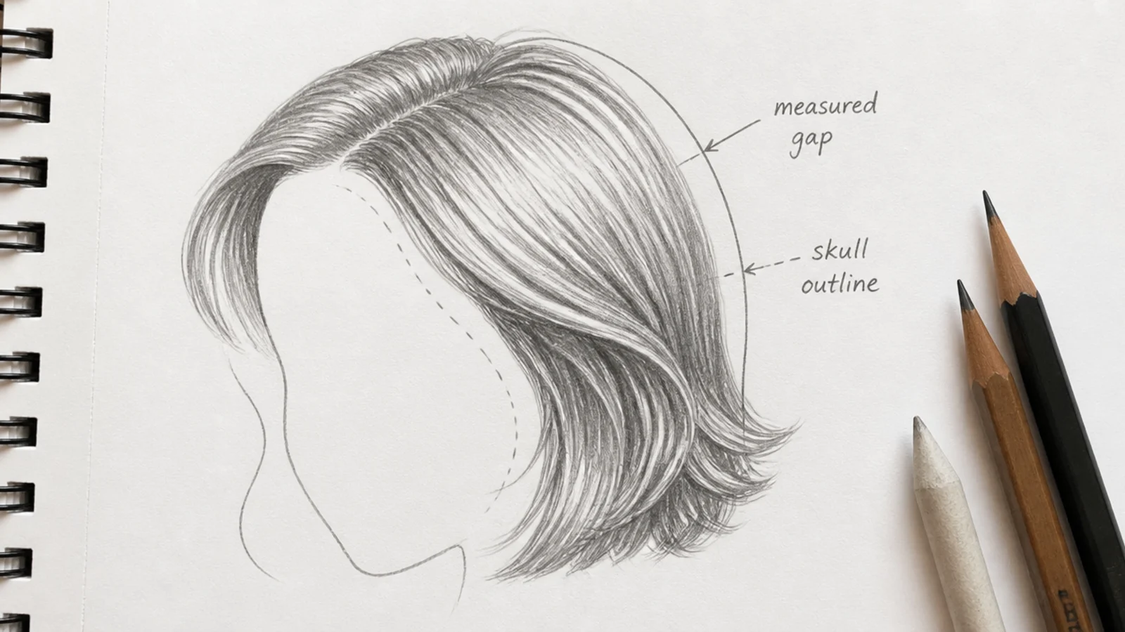 A pencil drawing showing the skull outline inside the wider outline of the hair