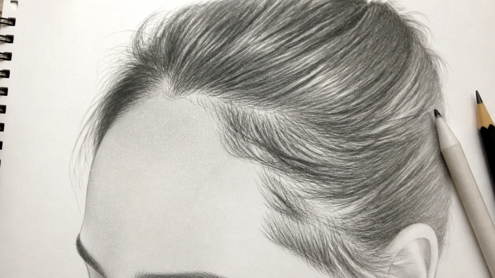 A close pencil study of an uneven hairline with fine loose hairs at the temple